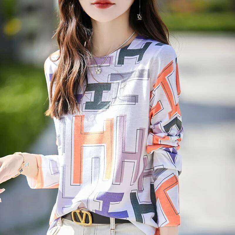 Spring Autumn New Shirt Women's Round Neck Long Sleeve Wool Mulberry Silk Loose Style Printed Thin Knitted Top