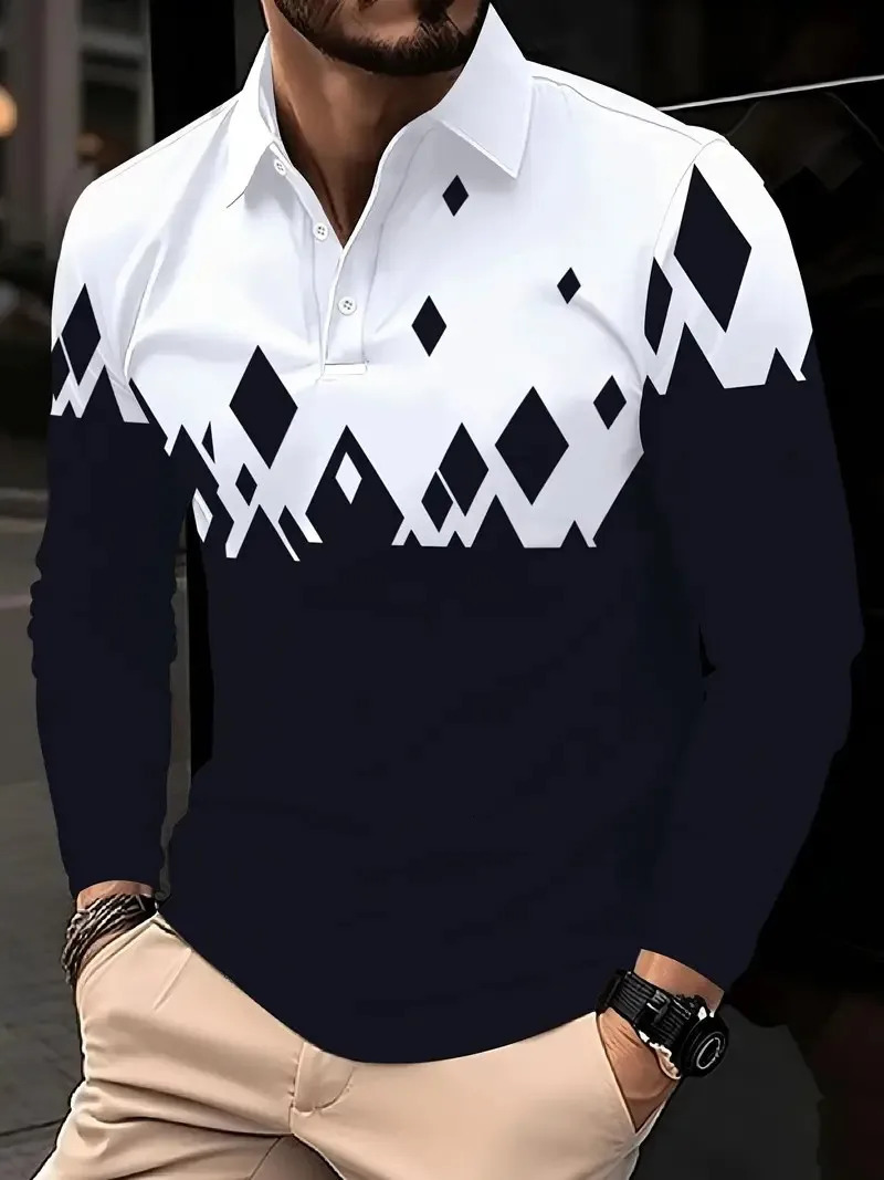 The mens long-sleeved POLO shirt for Spring and Autumn 2025 is casual fashionable and comfortable with 3D checkered print 251225