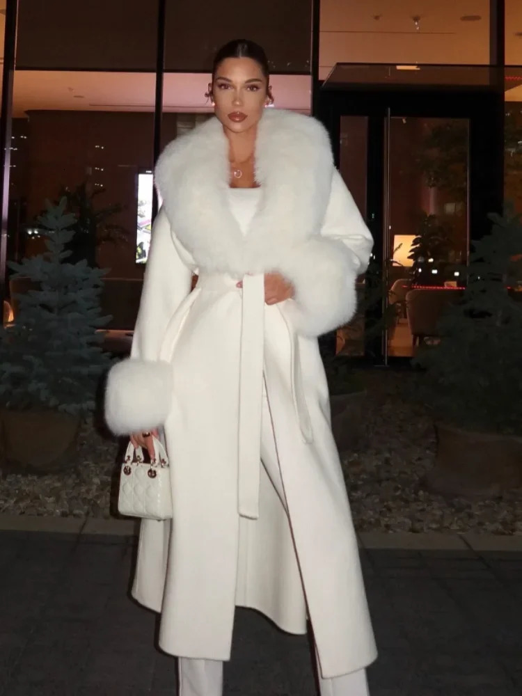Elegant Fur Patchwork Woolen Coat Women Chic Full Sleeve V-neck Lace Up Loose Long Overcoat 2025 Lady Winter Commute Outwear 251212 - view 3