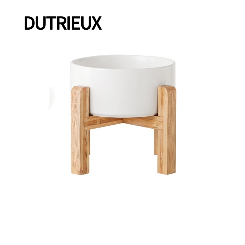 H1976 Ceramic cat and dog bowls with neck protection, tall bamboo and wood frame to prevent tipping, pet food and water bowls.