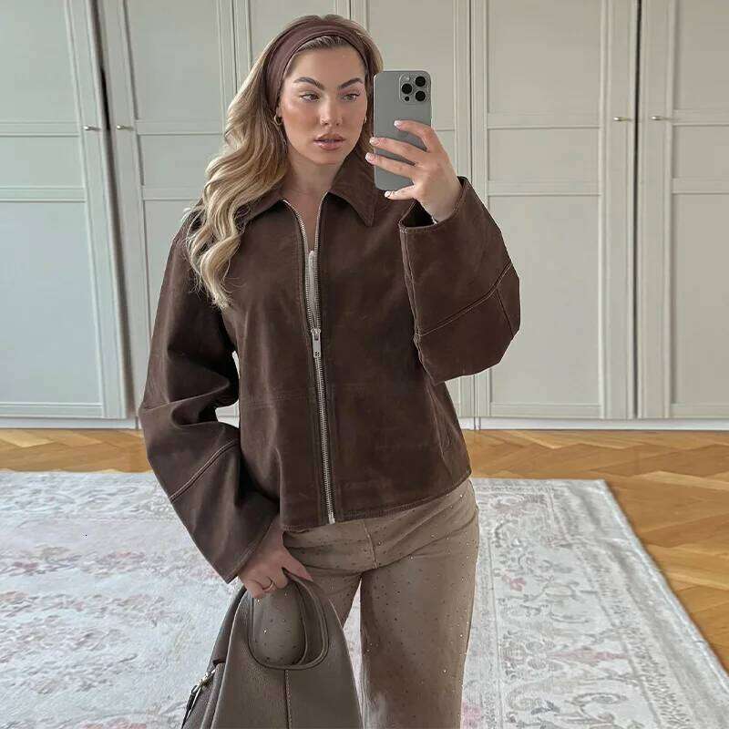 Designer Fashion 2026 Brown Suede Women's Jackets Turn-Down Collar Zipper Loose Lady Short Coats 2026 Spring Female Street Office Outwear New