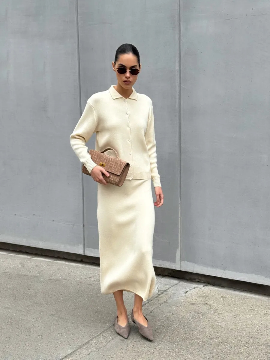 Blubelle Womens Autumn Winter Polo Collar Knit 2Piece Set Cardigan Skirt Loose Casual Solid Color Knitted Sweater Outfit 251225