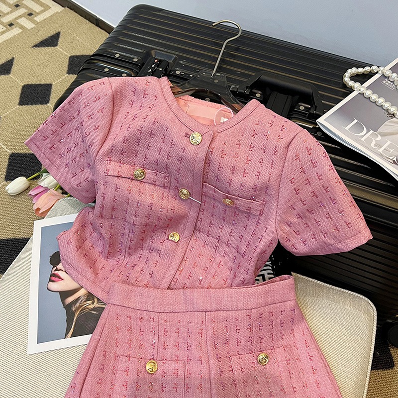 Women's Two Piece Pants BAFU Summer Pink Tweed 2 Set Women Short Sleeve Jacket Wide Legs Shorts Suit Runway Celebrity Coat Clothes