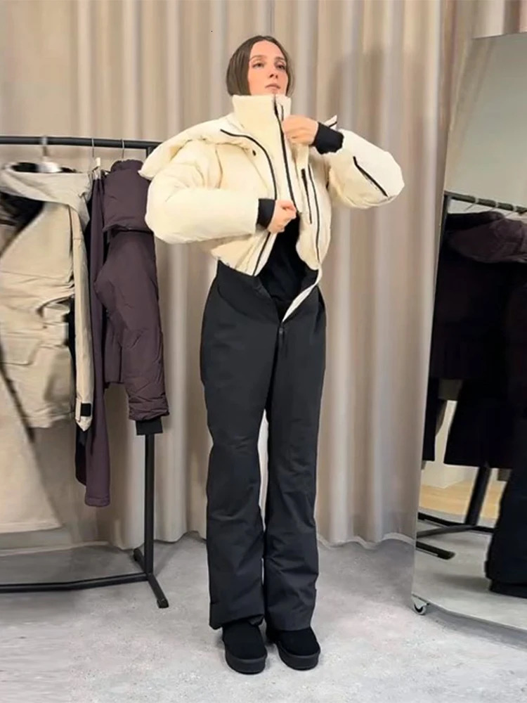 Detachable Hooded Ski Suit Jumpsuit Woman Zipper Color Blocked Long Sleeve Slim Warm Jumpsuits Sports Casual Womens Suits 251225