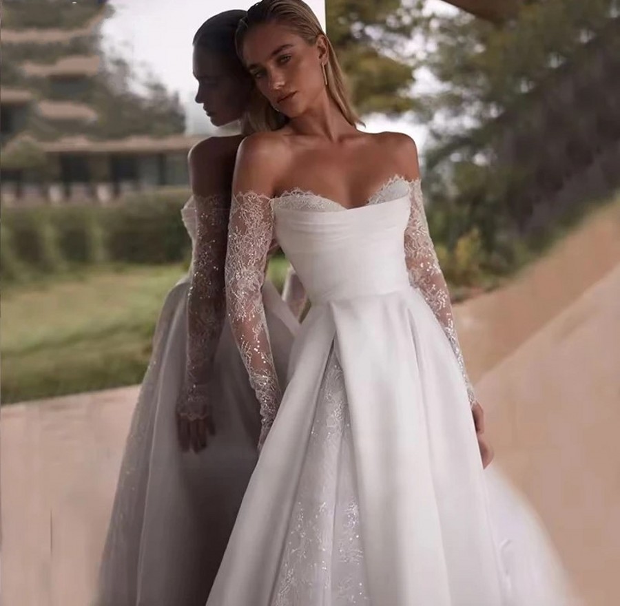 Elegant A-line Wedding Dress 2026 Off-the-shoulder Long Sleeve Lace Satin Princess Bridal Bride Gowns For Women Vestidos De Noiva Robe de Mariee