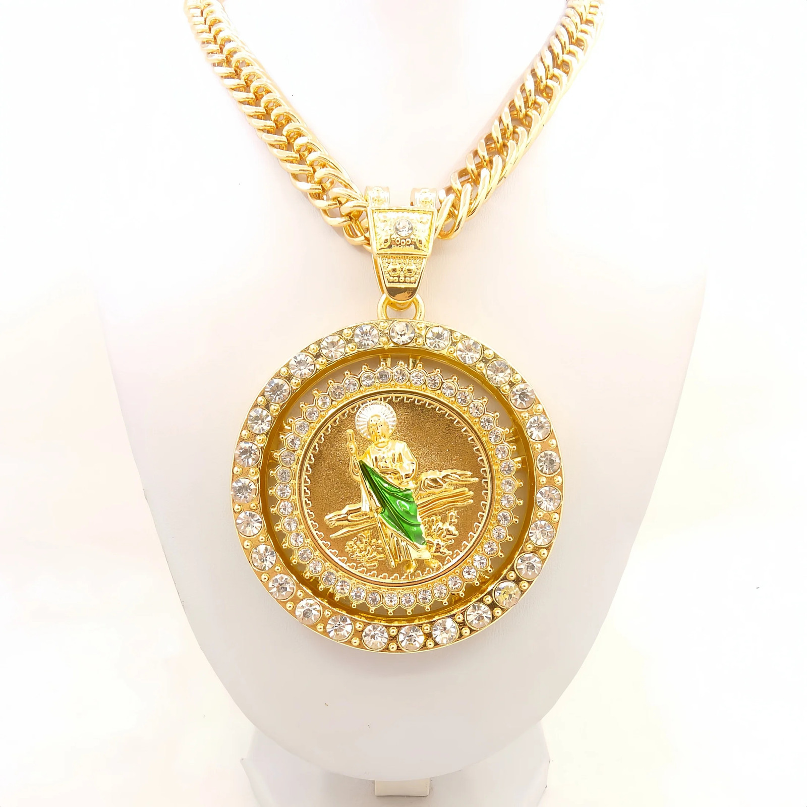 14K Gold-Plated St Jude Virgin Mary Coin Pendant Necklace with Rotating Wheel Hip-Hop Style Cuban Chain Jewelry 251223