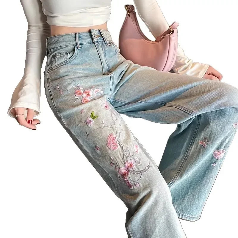 Chinese Style Embroidered High Waist Draped Womens Jeans Autumn Winter Slimming Wide Leg FloorLength Pants 251225