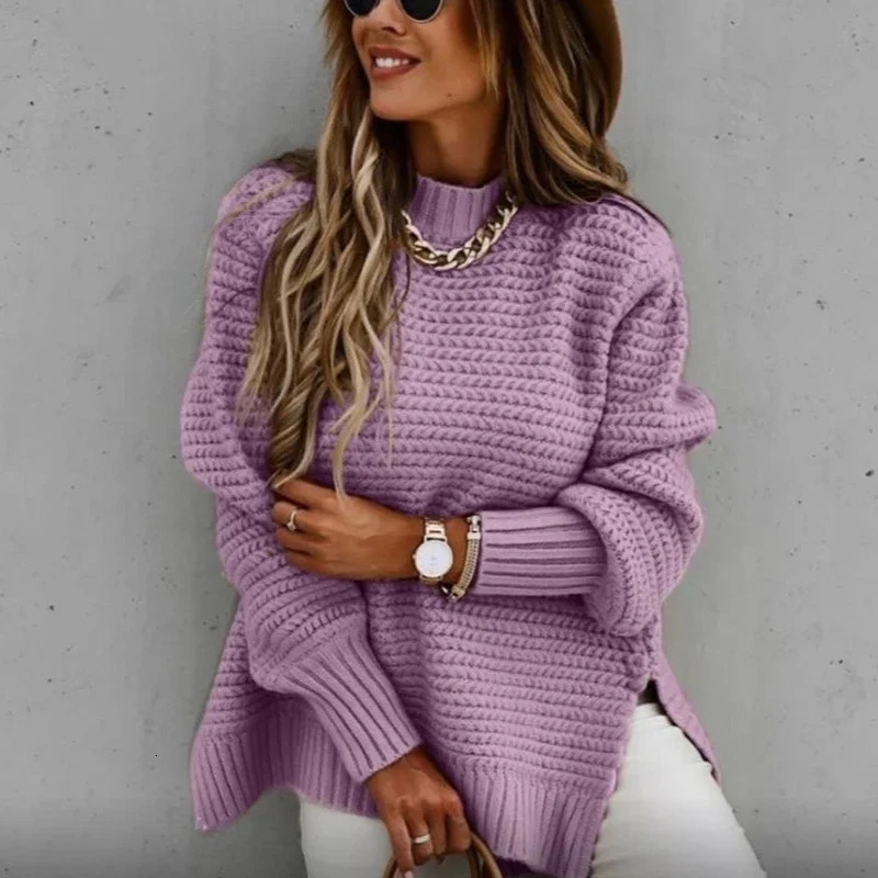 2025 Loose Split Knitted Long Sleeve Thick Sweater Half High Neck Korean Fashion Pullover Autumn Winter Black Women Clothes 251225