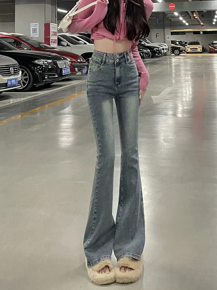 Fce Lined Thi High Waist Slim Fit Bootcut Jeans Womens American Sle Bla ey Denim Pants Autumn Winter Faion 251225