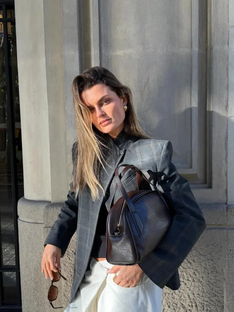 Women Irregular Plaid Blazer Jacket Fashion Stand Collar Full Sleeve Split Loose Short Jackets 2026 Daily Commute Outerwears 251225