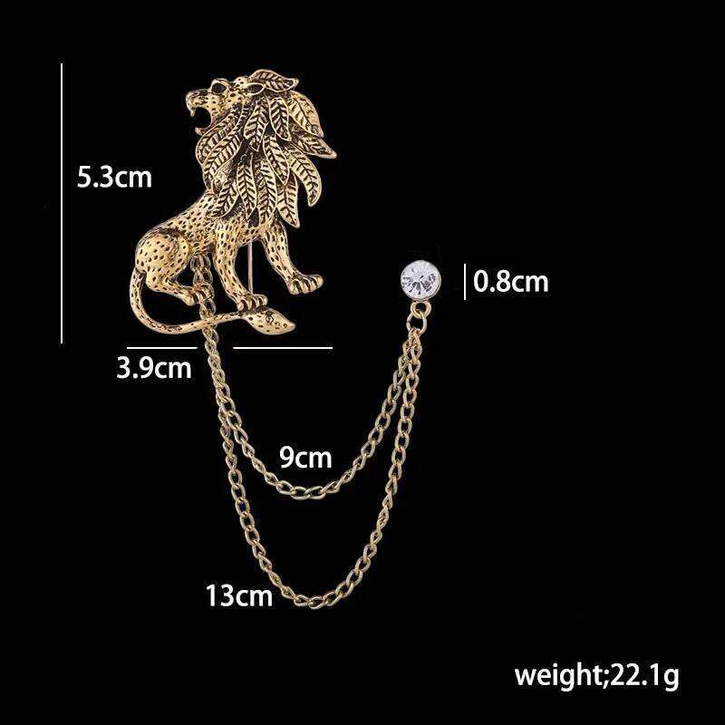Korean Fashion Crystal Lion Brooch Animal Tassel Chain Lapel Pins British Style Men's Shirt Collar Badge Clothing Accessories 25N1225