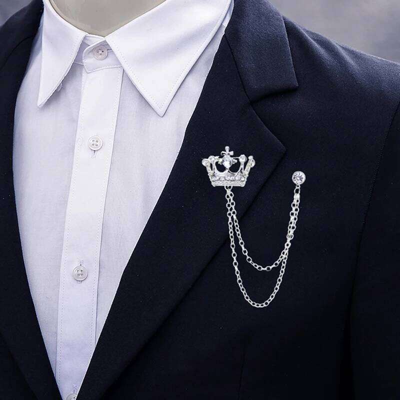 Korean British Style Crown Brooch Suit Tassel Chain Lapel Pin Badge Retro Men Accessories Wedding Banquet Jewelry Gift 25N1225