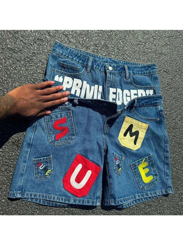 HOUZHOU Vintage Letter Denim Shorts Women Hip Hop Y2k Two Pieces Jorts American Retro Patchwork Baggy Street Short Jeans 251225