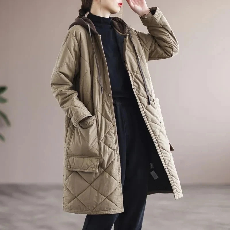 Autumn Winter Lingge Cotton Jacket Women Hooded Loose Thick Warm Parkas Female Long Sleeve Casual Padded Outwear Lady 251225