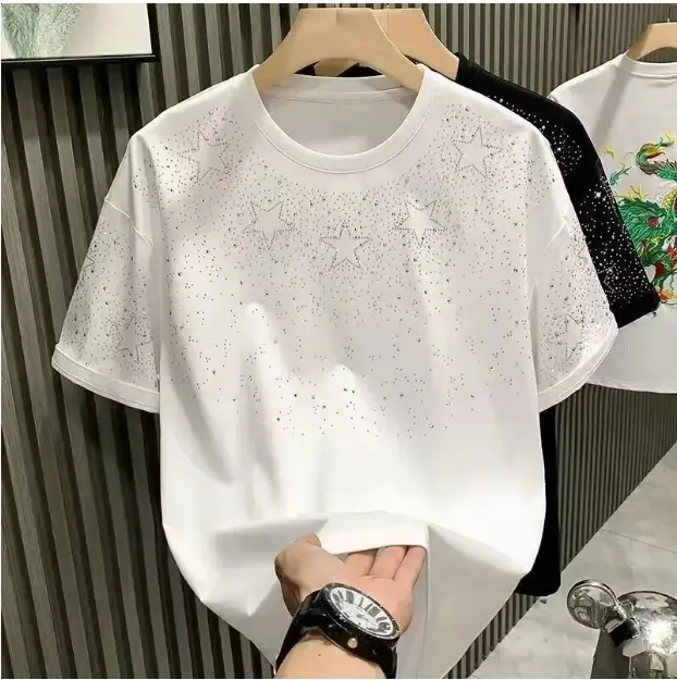 Summer Rhinestone Rivet T shirt For Men Clothing Round Neck Casual t shirt Designer Fashion High Street Mens Summer Short Sleeves hoodie graphic tee p
