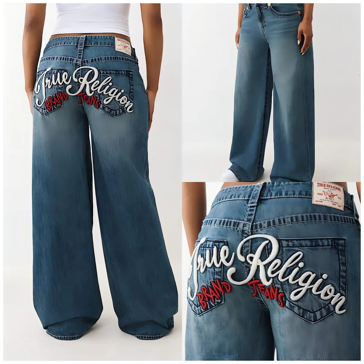 Harajuku Buddha Embroidery Heavy Industry Jeans for Womens Autumn Simple Blue Wash Straight Pants 251225