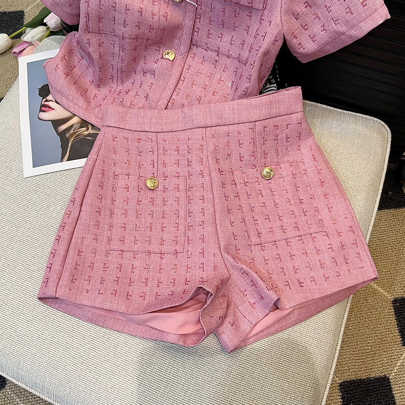 Women's Two Piece Pants BAFU Summer Pink Tweed 2 Set Women Short Sleeve Jacket Wide Legs Shorts Suit Runway Celebrity Coat Clothes