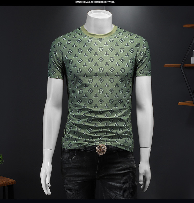 Free Shipping 2026 Summer New Printed Short Sleeve T Shirt Men Trendy Fashion Round Neck Slim Fit Oversize Versatile Top Green Coffee Grey