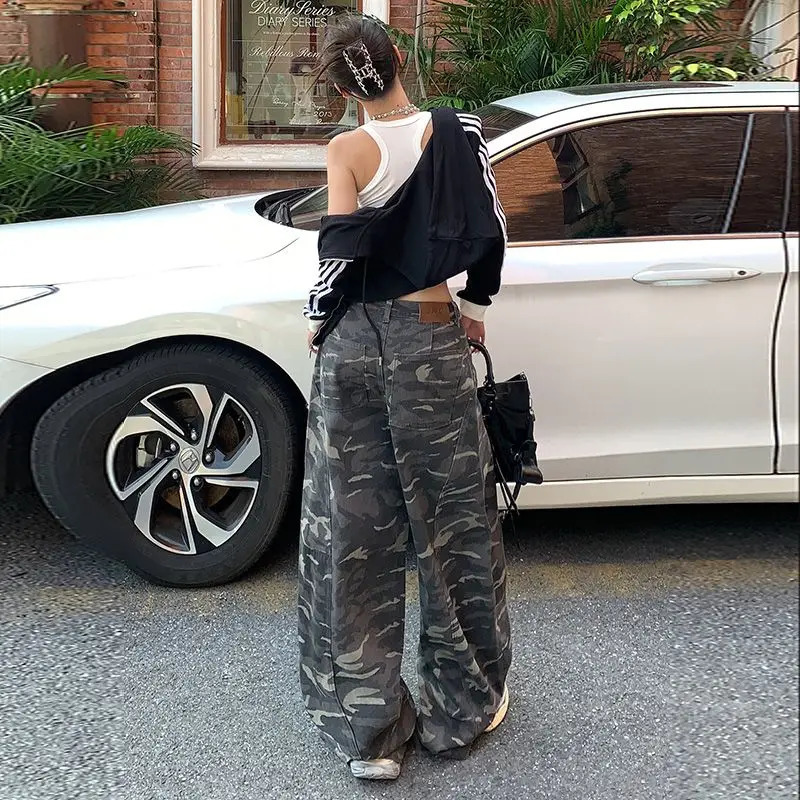 American Style Vintage Camouflage Wide Leg Jeans High Waist Loose Casual Floor Length Straight Cut Womens Winter Trousers 251225