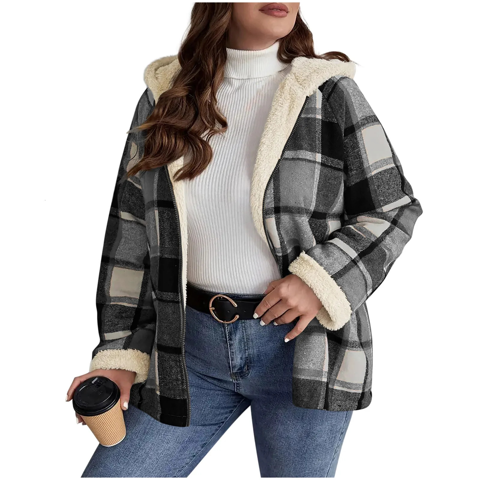 Womens Large Plaid Style Jacket With Hooded Autumn And Winter Casual Loose Black White Coat Button Fall Top 251225