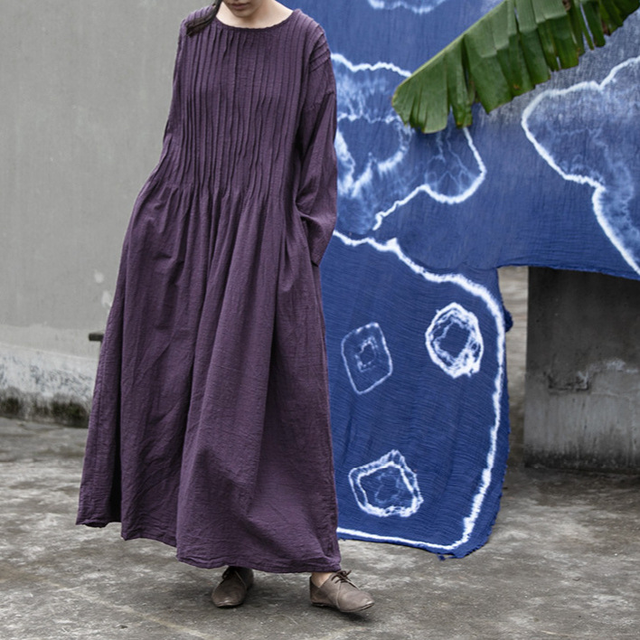 A0053 Shan Qian Nianyi, design sense Spring and autumn cotton and linen retro literature and art loose and thin handmade organ pleated robe dress