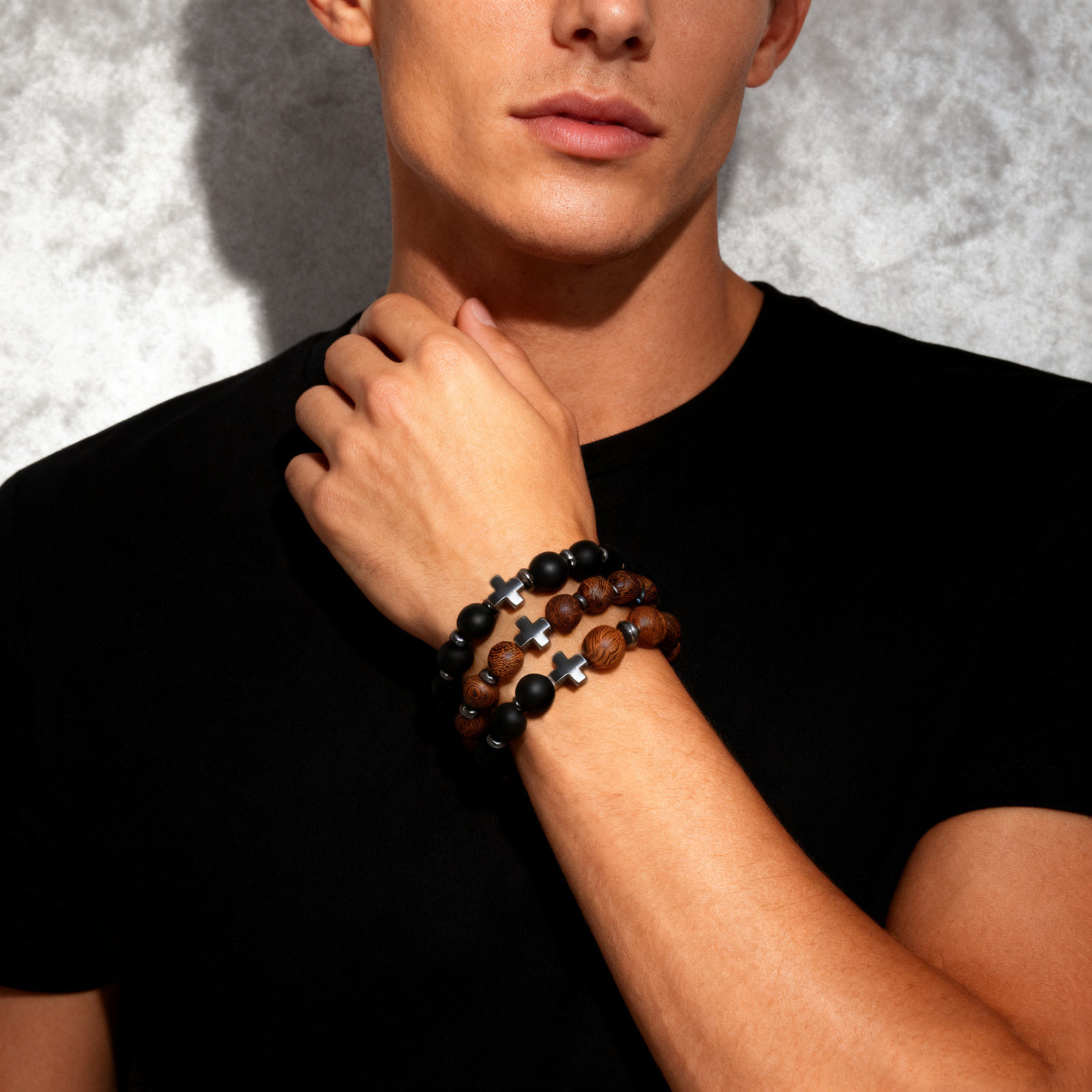 Hot-selling Hand Jewelry Natural Stone Frosted Stone Wooden Bead Bracelet Cross Bracelet 250603