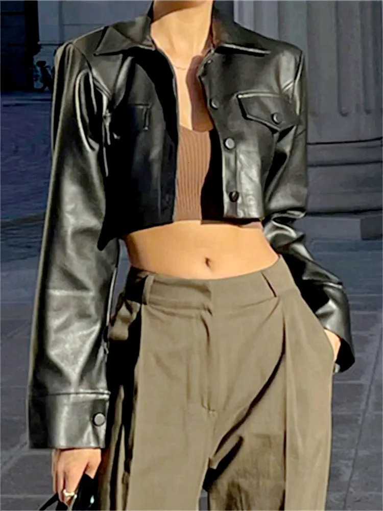 Women PU Leather Jackets Long Sleeve Button Down Crop Coats Korean Fashion Autumn Tops Outerwear Streetwear 251225