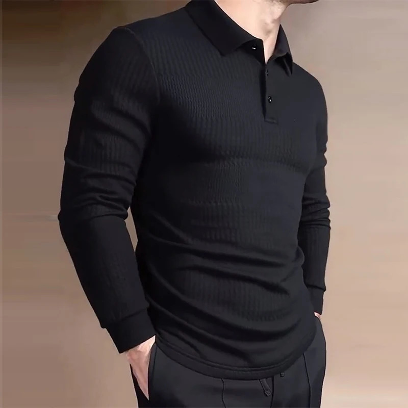American Retro Mens Jacquard Polo Shirt Business Slim Solid Color T-shirt Leisure Lapel Long Sleeve Pullover Tops S-2XL 251225