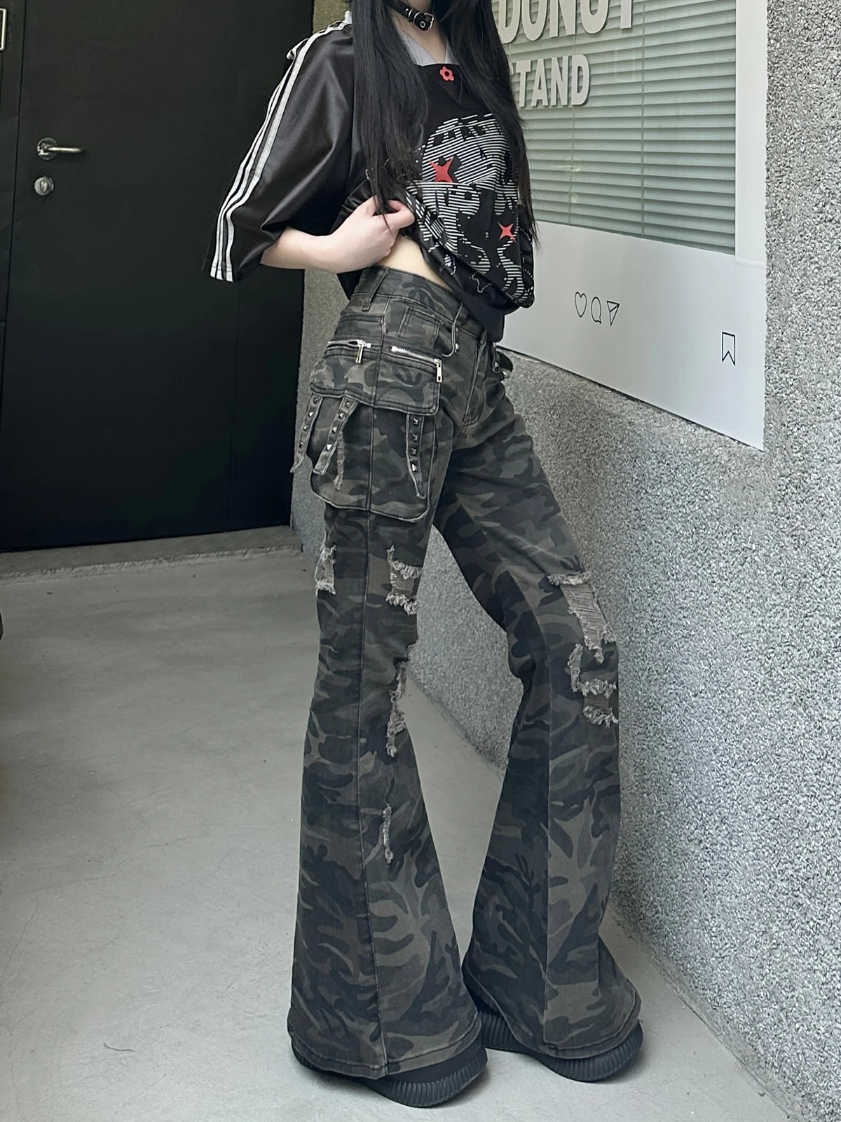 Autumn Winter Womens Harajuku Denim Flare Pants Low Rise Camouflage Cargo Jean Bell Bottom Y2k Cowbow In Kpop Grunge 251225