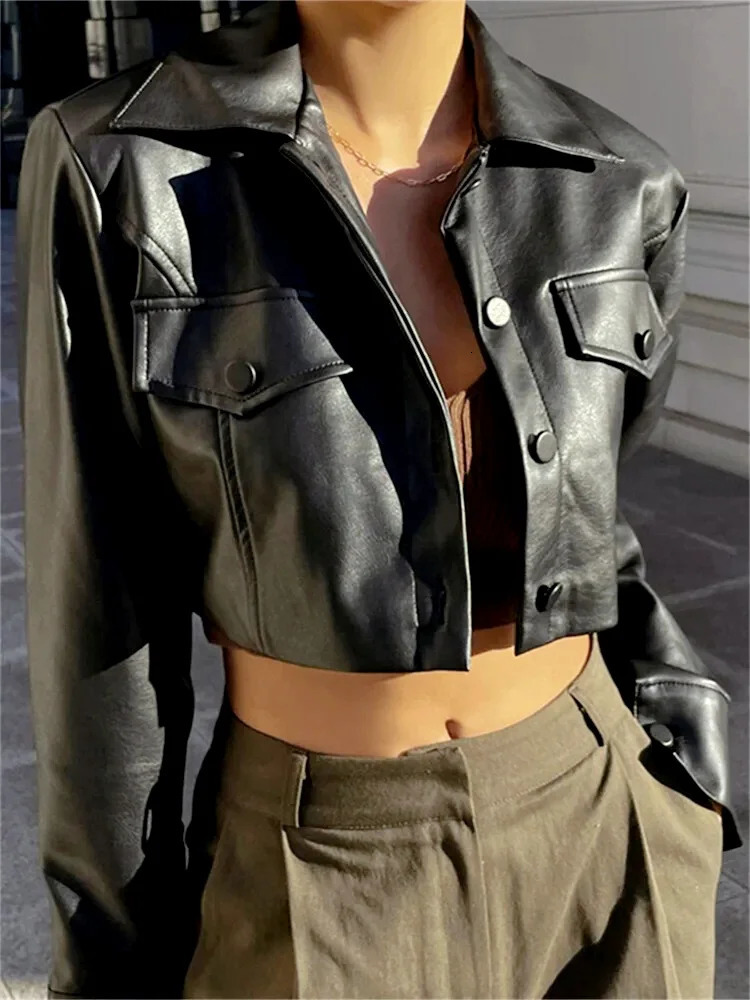 Women PU Leather Jackets Long Sleeve Button Down Crop Coats Korean Fashion Autumn Tops Outerwear Streetwear 251225