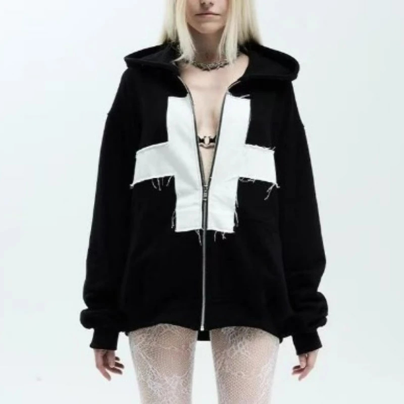 Trendy fashion cross patch goth oversized zip up hoodies for women Harajuku Y2K casual winter clothes couple sweatshirts 251225