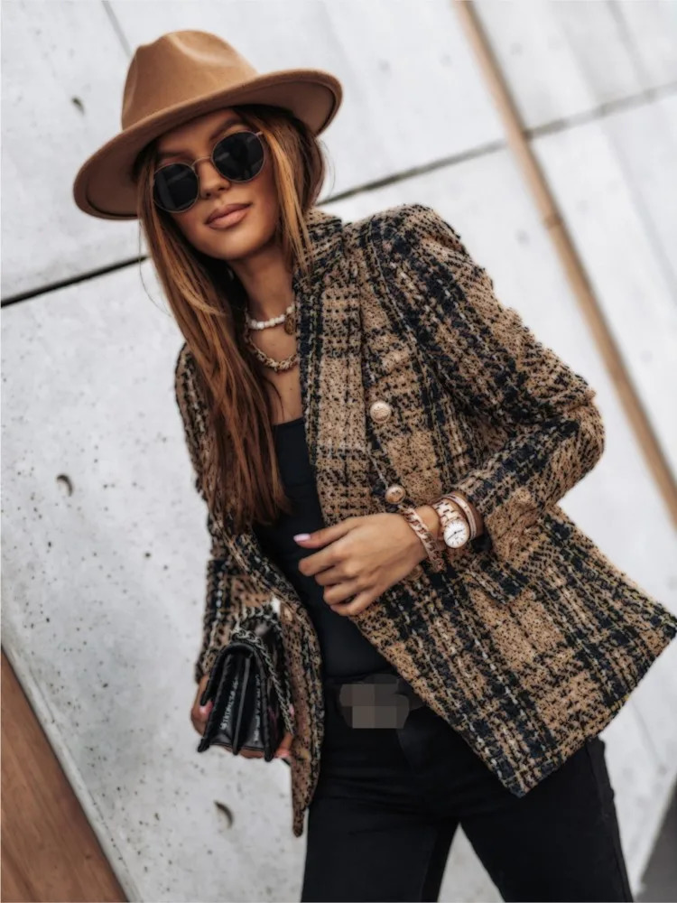 Women Double Breasted Plaid Blazer Coat Vintage Long Sleeve Flap Pockets Casual Buttons Autumn Female Outerwear 251225