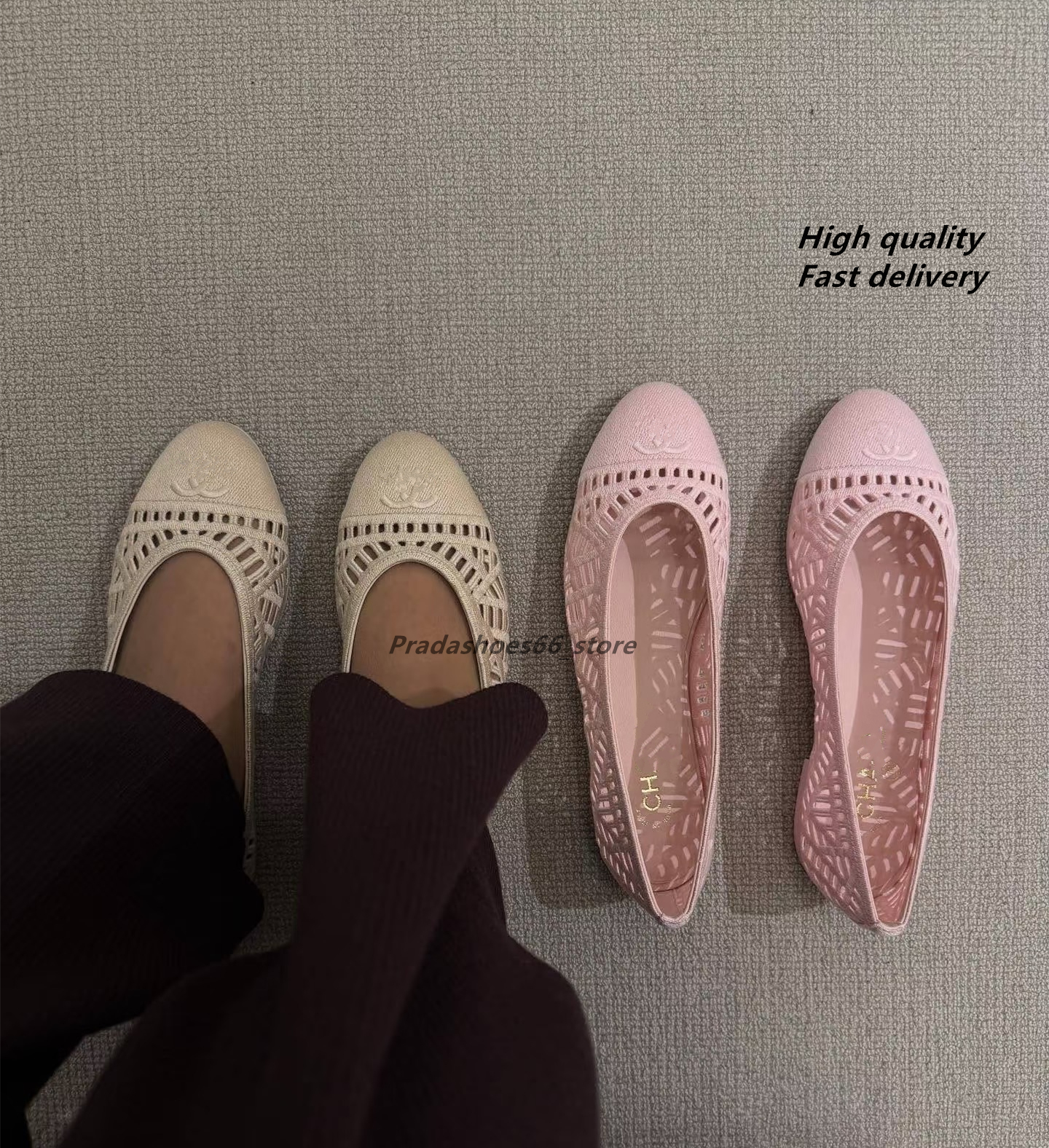 2026 Summer New Woven Flat Ballet Shoes for Women Round Toe Mary Jane Shoes torys Luxury designer Casual Hollow Cool Sandals Loafers for Women chan pink