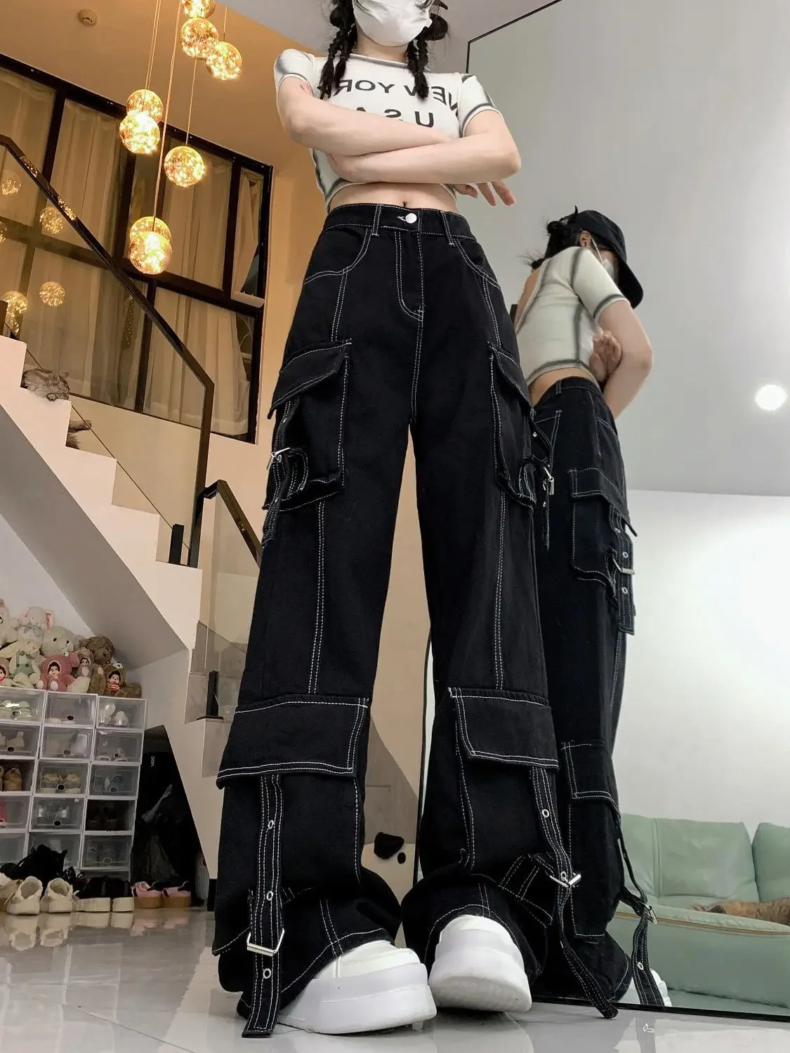 American Retro High Street Cargo Jeans Autumn Women Waist Y2K Streetwear Wide Leg Denim Pants Vintage Baggy Trousers 251225