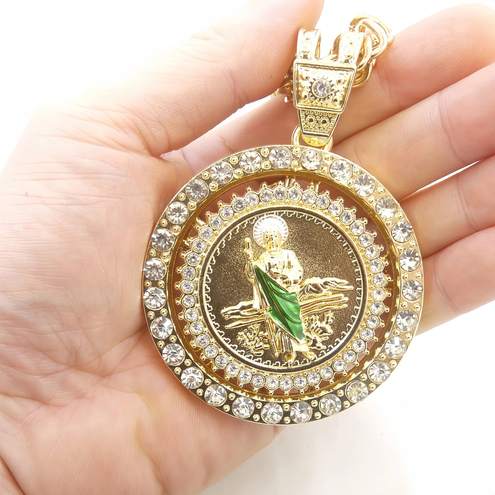 14K Gold-Plated St Jude Virgin Mary Coin Pendant Necklace with Rotating Wheel Hip-Hop Style Cuban Chain Jewelry 251223