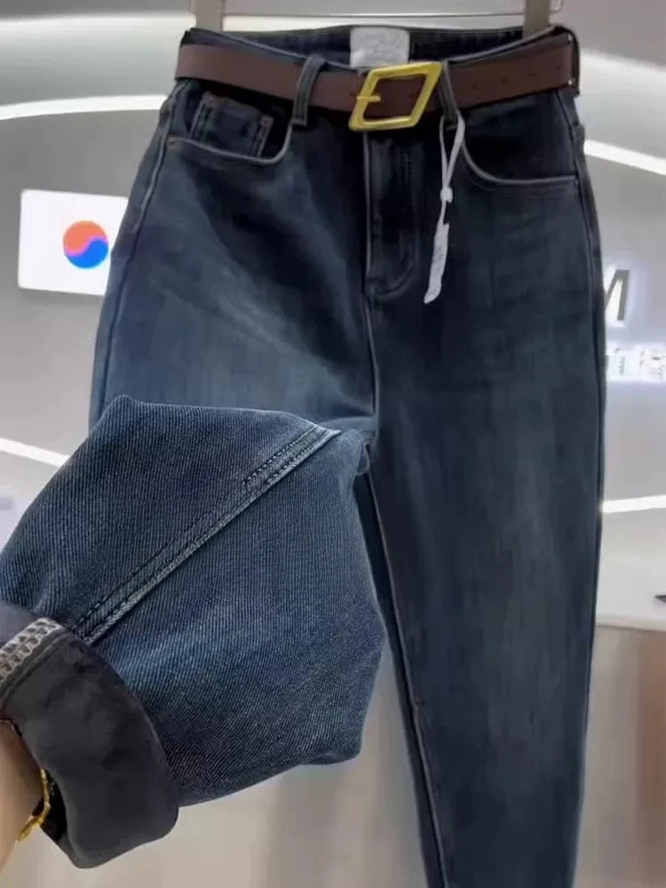 American Vintage Fleece Lined Jeans Women Fall Winter Thickened High Waist Hips Covering Slim Tapered Dad Pants 251225