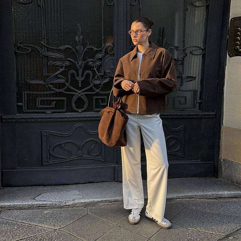 Designer Fashion 2026 Brown Suede Women's Jackets Turn-Down Collar Zipper Loose Lady Short Coats 2026 Spring Female Street Office Outwear New