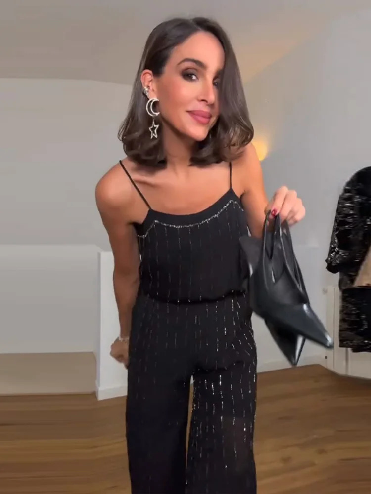 2026 Women Chic Outfits Fashion Elegant Black Bead Embroidery Sleeveless Slip Tops Wideleg Pants Suit Twppiece 251225