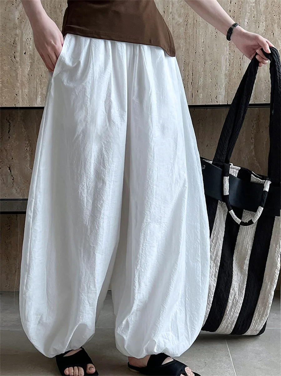 White Oversized Bloomers 2025 Summer Elegant Fashion Women Lantern Pants Casual Loose Breathable Cotton Wide Leg Pants 251225