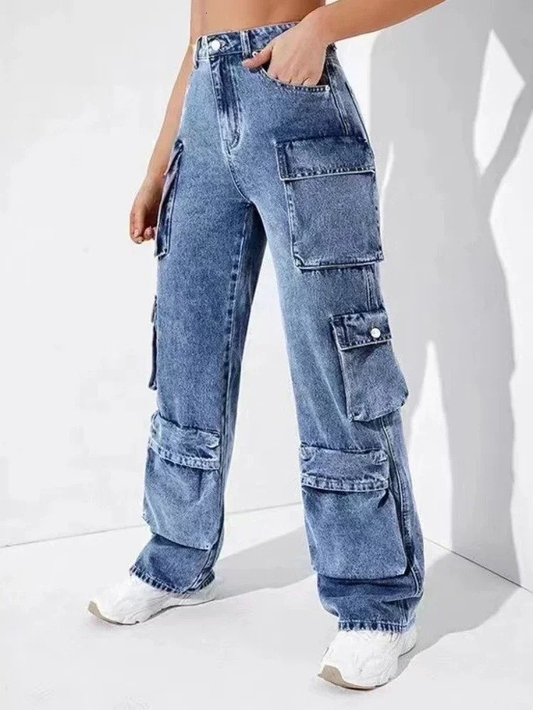 Jeans Women Zipper Fly Flat Cargo Pants Denim Pockets Streetwear High Waist Loose Mom Winter Spring Streewear Club Y2k 251225