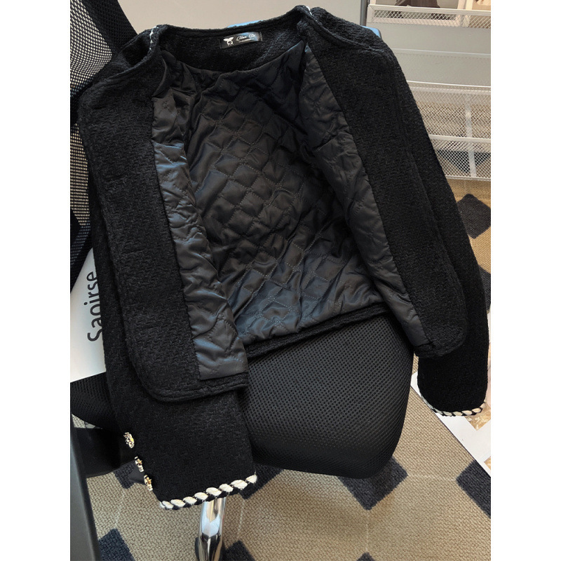 Vintage Tweed Jacket Women Elegant Cropped Quilted Coat Commute Black Blazer Winter Ladies Korean Short Outerwear Tops