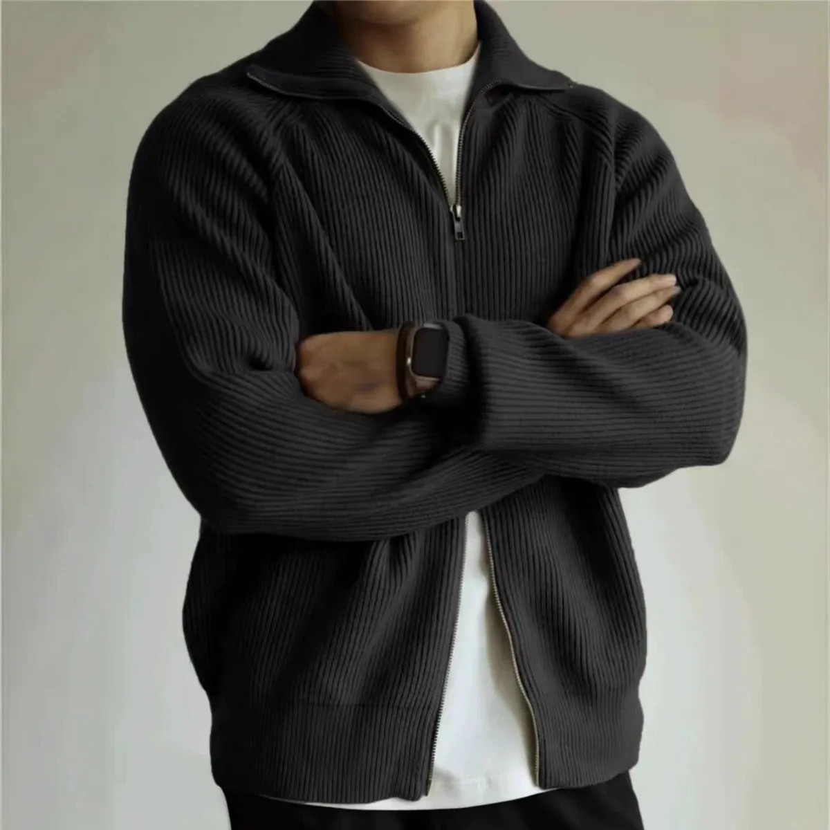 Mens Knitted Sweater Autumn Winter American Retro Double Zipper Open Cardigan Lazy Sle Stand Collar Jaet Trendy 251225