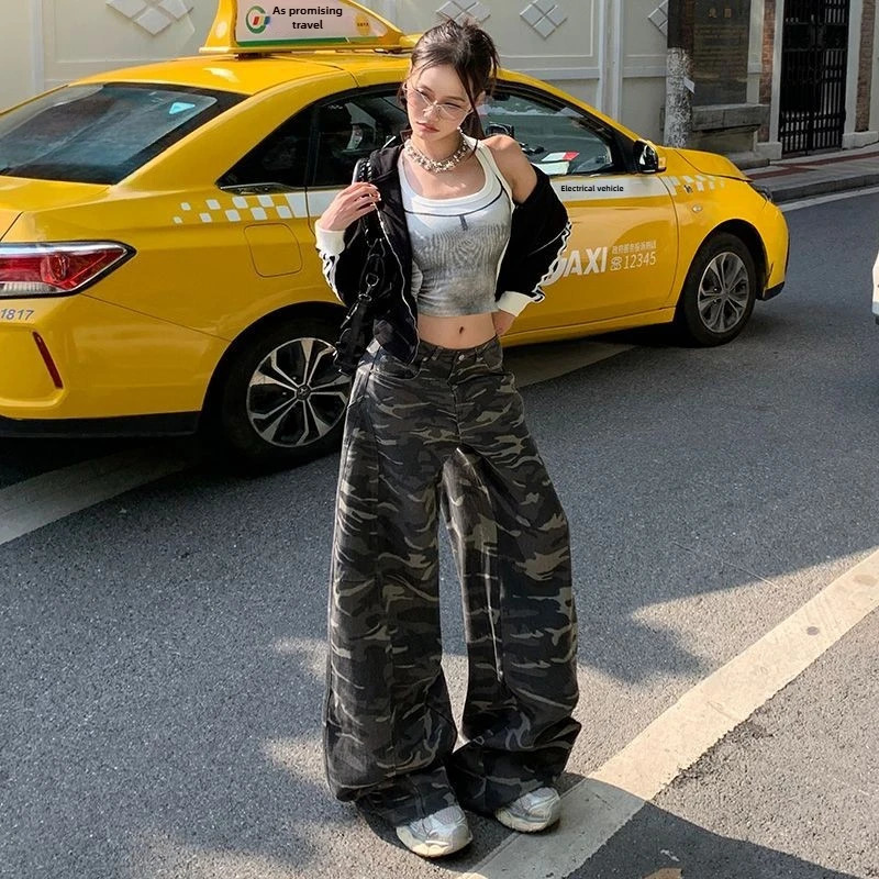 American Style Vintage Camouflage Wide Leg Jeans High Waist Loose Casual Floor Length Straight Cut Womens Winter Trousers 251225