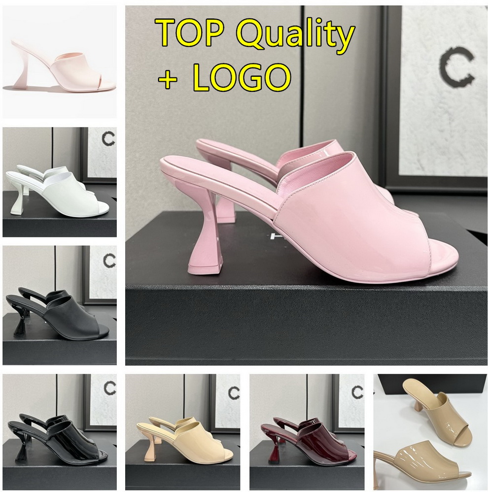 Designer Womens Pink Patent Leather Mules High Heel 2026 Spring Adorned with Gold C Logod Slip-On Slippers Shoes fashion Lady Party 9CM Heel pump Leather sole