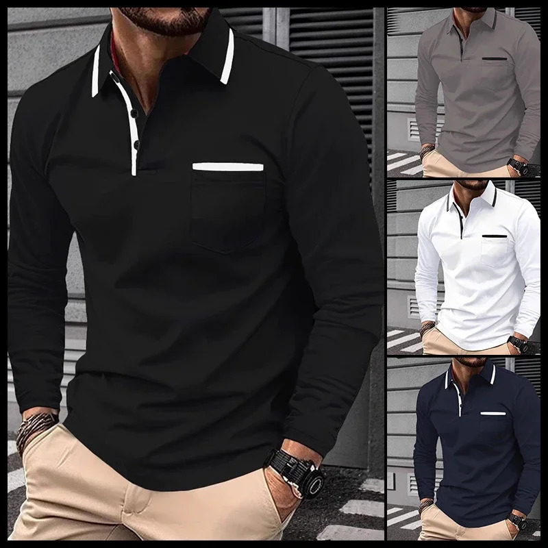Autumn mens casual long sleeved polo shirt with pockets fashionable street trend regular solid color elastic breathable 251225