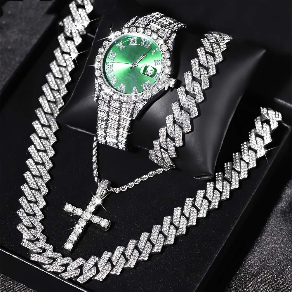Luxury Steel Bracelet Quartz Watch Diamond-Set Hip-Hop Cuban Link Bracelet Set Watch