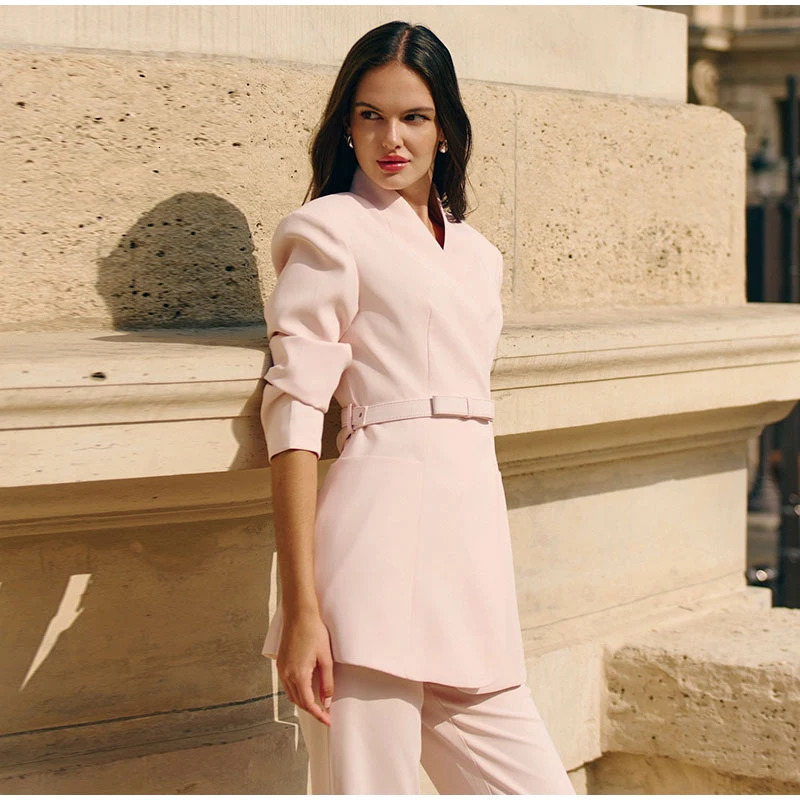 Elegant Women Pant YNeck Concealed Buckle Waistband Suits Female Solid Straight Pants Pad Shoulder Classic Womens Set 251225