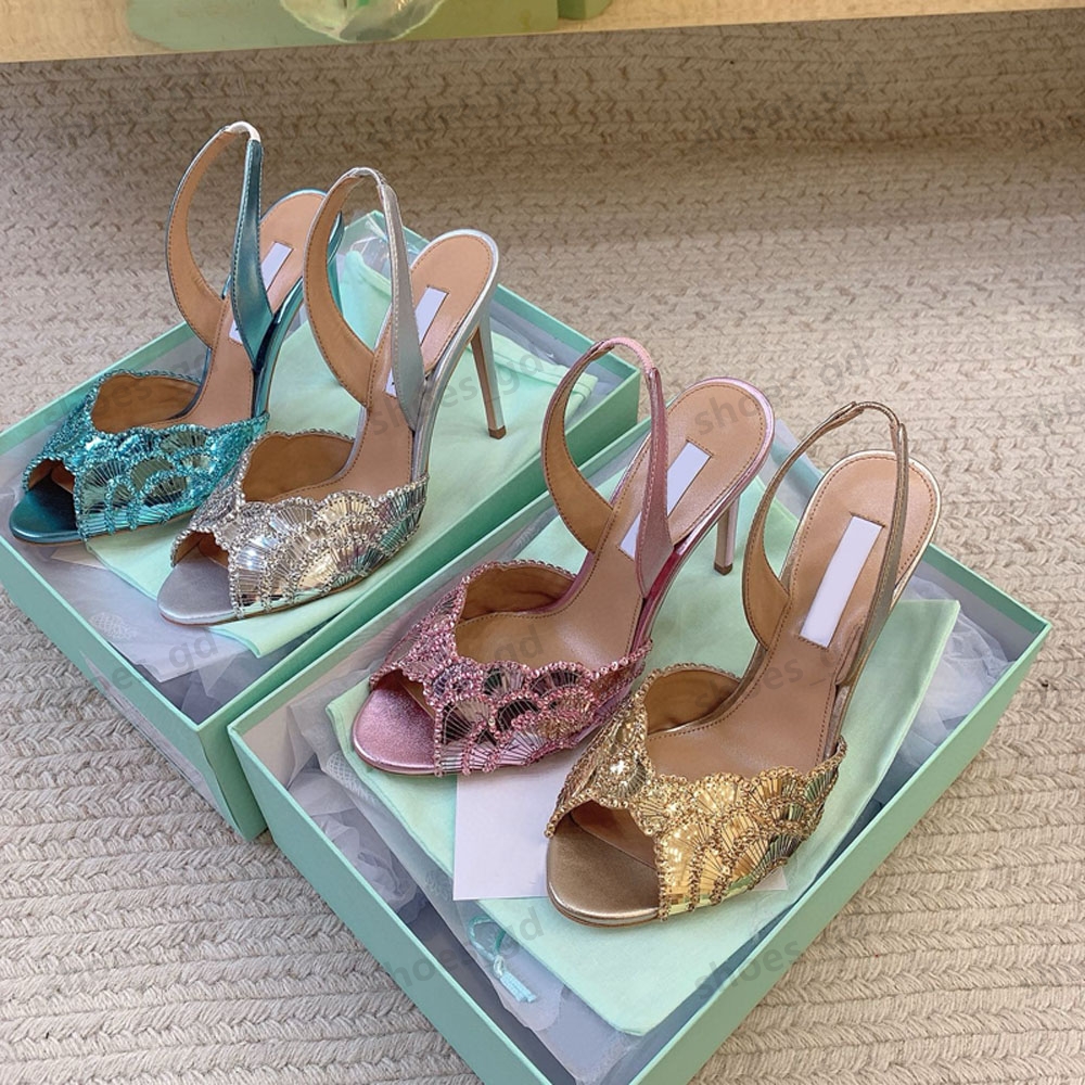 high quality sequin embellished stiletto heel Sandal Luxury designer 10.5cm women slingback high heel sandals Slip on Peep Toes Elegant evening shoes 35-42 with box