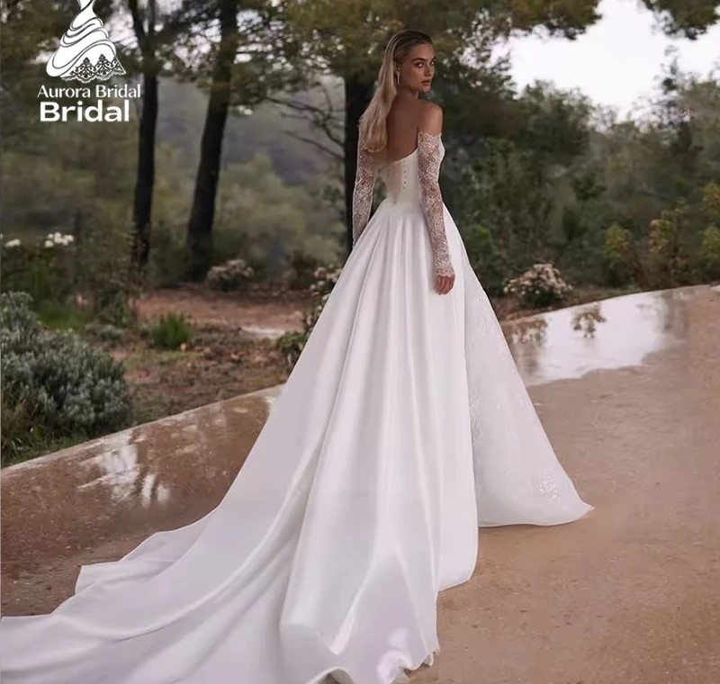 Elegant A-line Wedding Dress 2026 Off-the-shoulder Long Sleeve Lace Satin Princess Bridal Bride Gowns For Women Vestidos De Noiva Robe de Mariee
