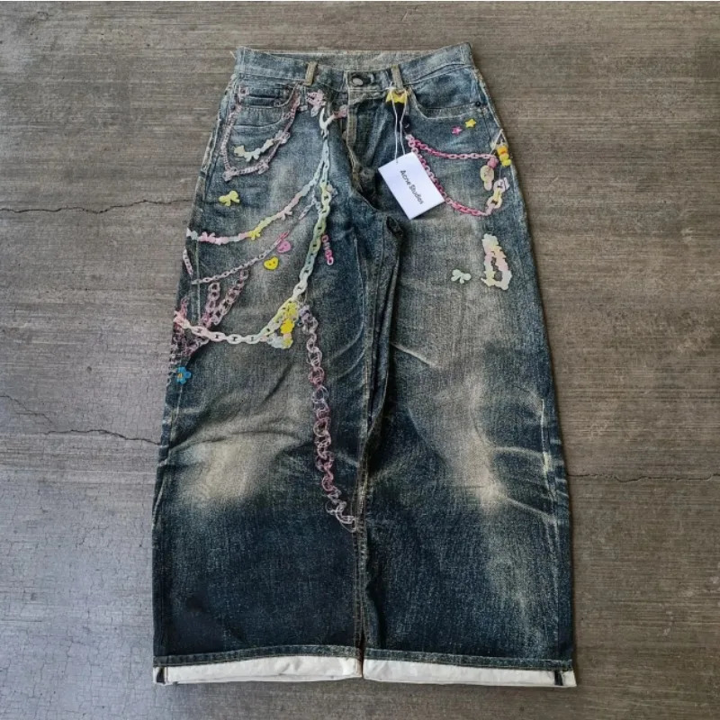 High Street Geometric Letter Chain Print n Oldsized Highwaisted Jeans for Women Y2K Aesthetic Leisure Niche Simple Pants 251225